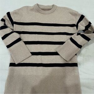 Amazon Women's Beige and Black Striped Crew Neck Sweater